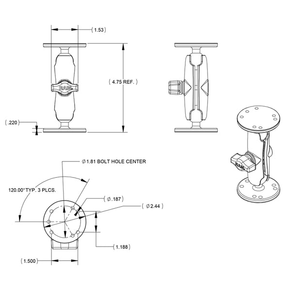RAM Mount 1" Ball Double Socket Arm w/2 2.5" Round Bases - AMPS Hole Pattern [RAM-B-101U] - Premium Surface Mount from RAM Mounting Systems - Just $33.99! Shop now at Brushy Creek Marine