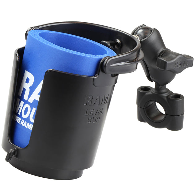 RAM Mount RAM Torque 3/4" - 1" Diameter Handlebar/Rail Base with 1" Ball, SHORT Arm and Level Cup [RAM-B-408-75-1-A-132U] - Premium Drink Cup Mounts from RAM Mounting Systems - Just $66.99! Shop now at Brushy Creek Marine