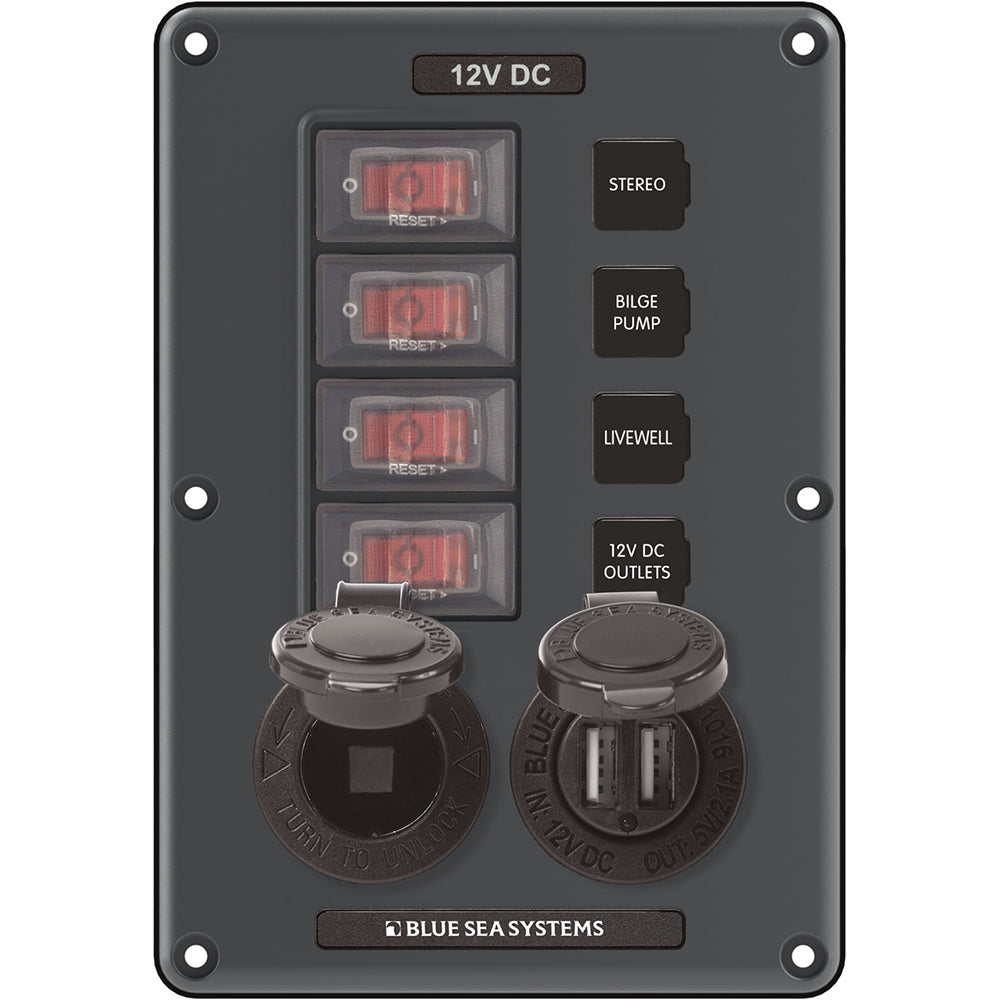Blue Sea 4321 Circuit Breaker Switch Panel 4 Position - Gray w/12V Socket  Dual USB [4321] - Premium Electrical Panels from Blue Sea Systems - Just $120.99! Shop now at Brushy Creek Marine