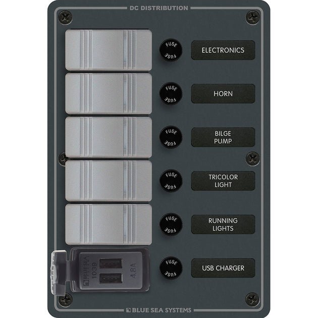 Blue Sea 8121 - 5 Position Contura Switch Panel w/Dual USB Chargers - 12/24V DC - Black [8121] - Premium Electrical Panels from Blue Sea Systems - Just $348.99! Shop now at Brushy Creek Marine