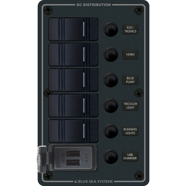 Blue Sea 8521 - 5 Position Contura Switch Panel w/Dual USB Chargers - 12/24V DC - Black [8521] - Premium Electrical Panels from Blue Sea Systems - Just $389.99! Shop now at Brushy Creek Marine
